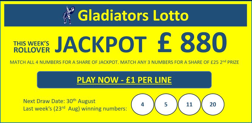 Gladiators Lotto Update – Jackpot £ 880 – Draw Date 30th August 23
