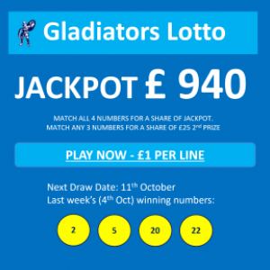 Gladiators Lotto Update – Jackpot £ 940 – Draw Date 11th October 2023