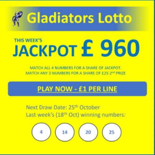Gladiators Lotto Update – Jackpot £ 960 – Draw Date 25th October 2023