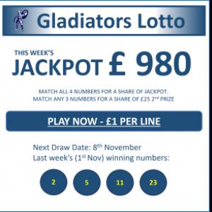 Gladiators Lotto Update – Jackpot £ 980 – Draw Date 8th November 2023