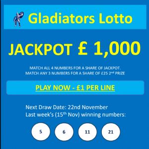 Take a look at Gladiators Lotto Update – Jackpot £ 1000 – Draw Date 22nd November 2023