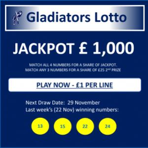 Gladiators Lotto Update – Jackpot £ 1000 – Draw Date 29th November 2023
