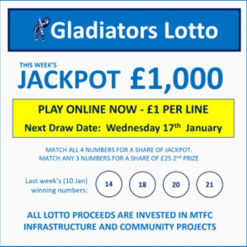 Gladiators Lotto Update – Jackpot £ 1000 – Draw Date 17th Jan 2024