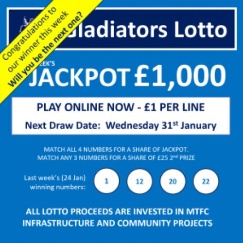 Gladiators Lotto Update – Jackpot £ 1000 – Draw Date 31st Jan 2024